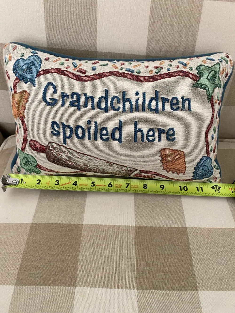 Grandchildren Spoiled Here Decorative Throw Pillow - Blue Text
